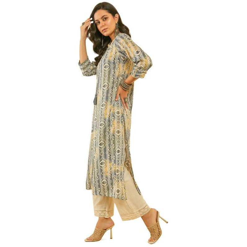 Soch Womens Blue Ethnic Print Kantha Weave Straight Rayon Kurta