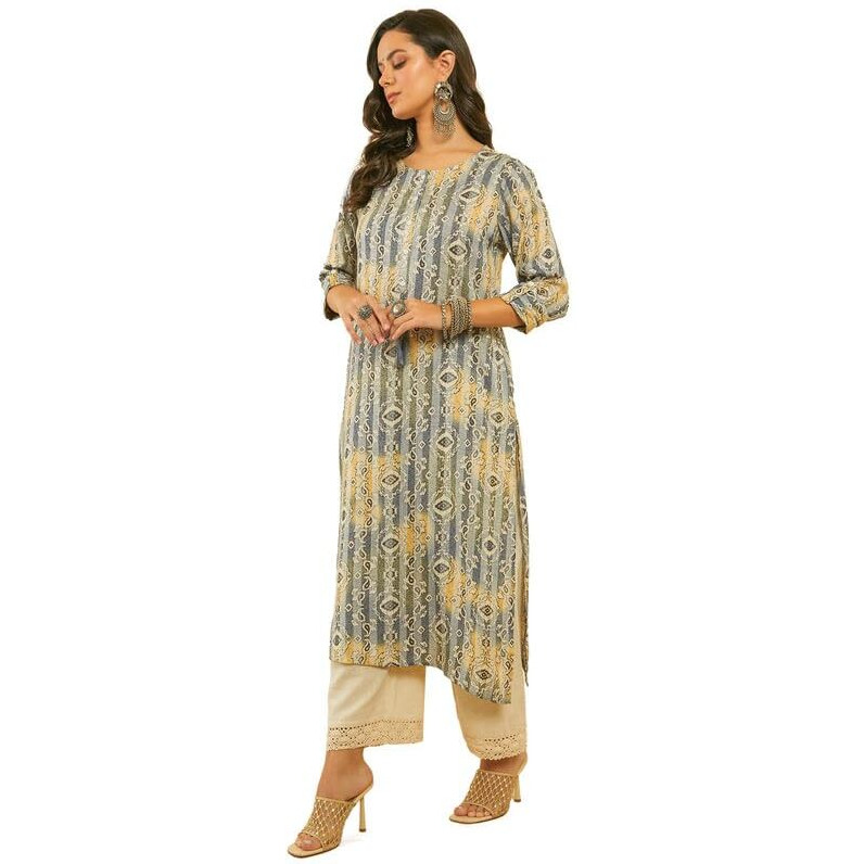 Soch Womens Blue Ethnic Print Kantha Weave Straight Rayon Kurta