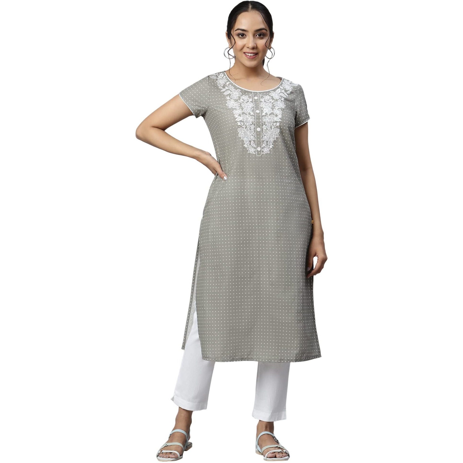 Aurelia Grey Floral Printed Printed Thread Embroidered Cotton Regular Kurta For Women