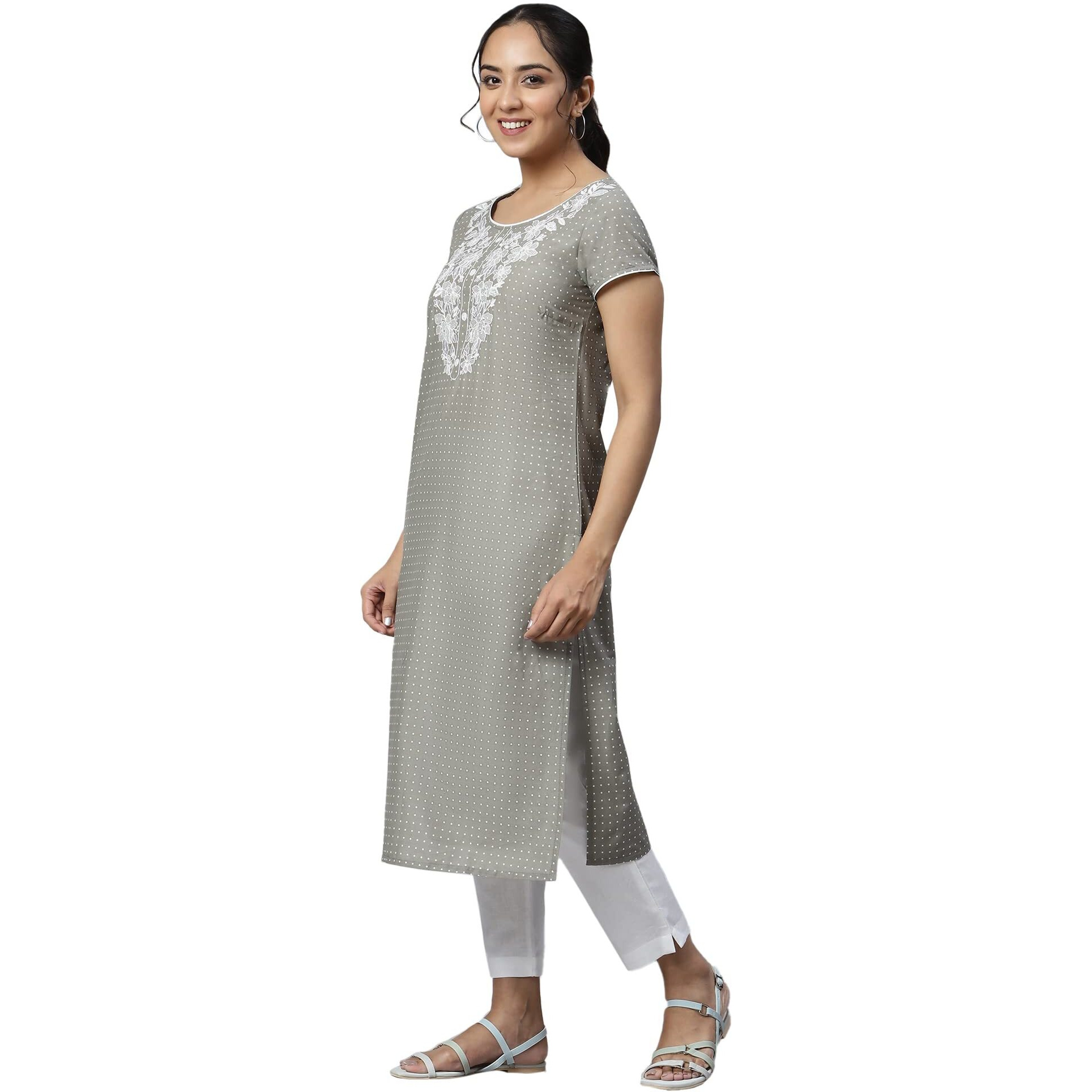 Aurelia Grey Floral Printed Printed Thread Embroidered Cotton Regular Kurta For Women