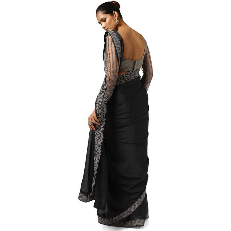 Soch Womens Black Chiffon Embroidered Saree With Sequins