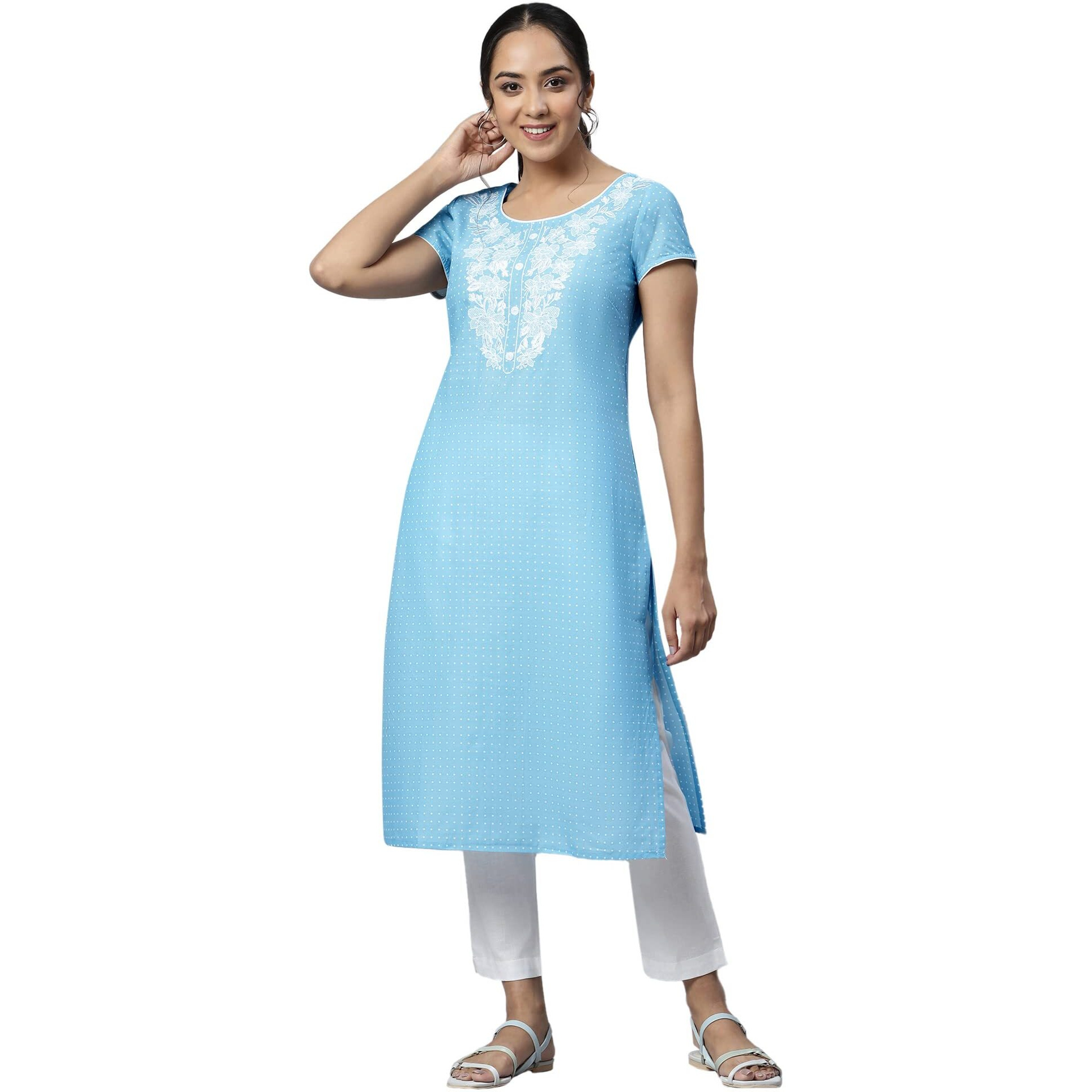 Aurelia Women Ice Blue Cotton Geometric Printed Straight Kurta_22Aua13345Ss-505796_Xs