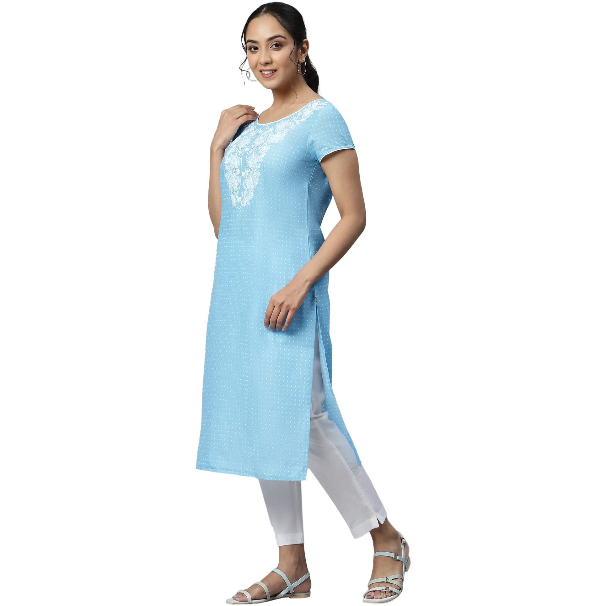 Aurelia Women Ice Blue Cotton Geometric Printed Straight Kurta_22Aua13345Ss-505796_Xs