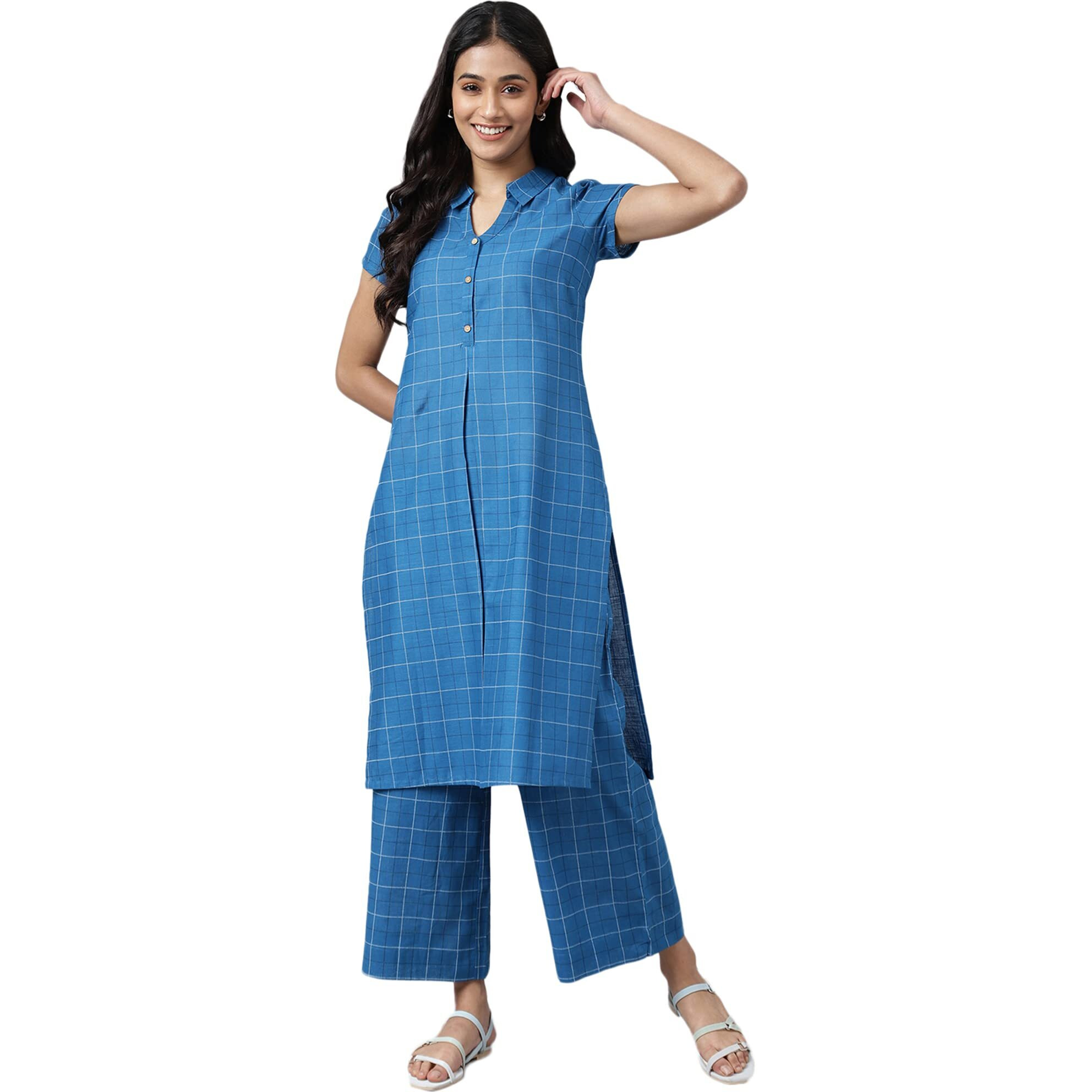 Aurelia Women's Check Regular Blue Cotton Kurta