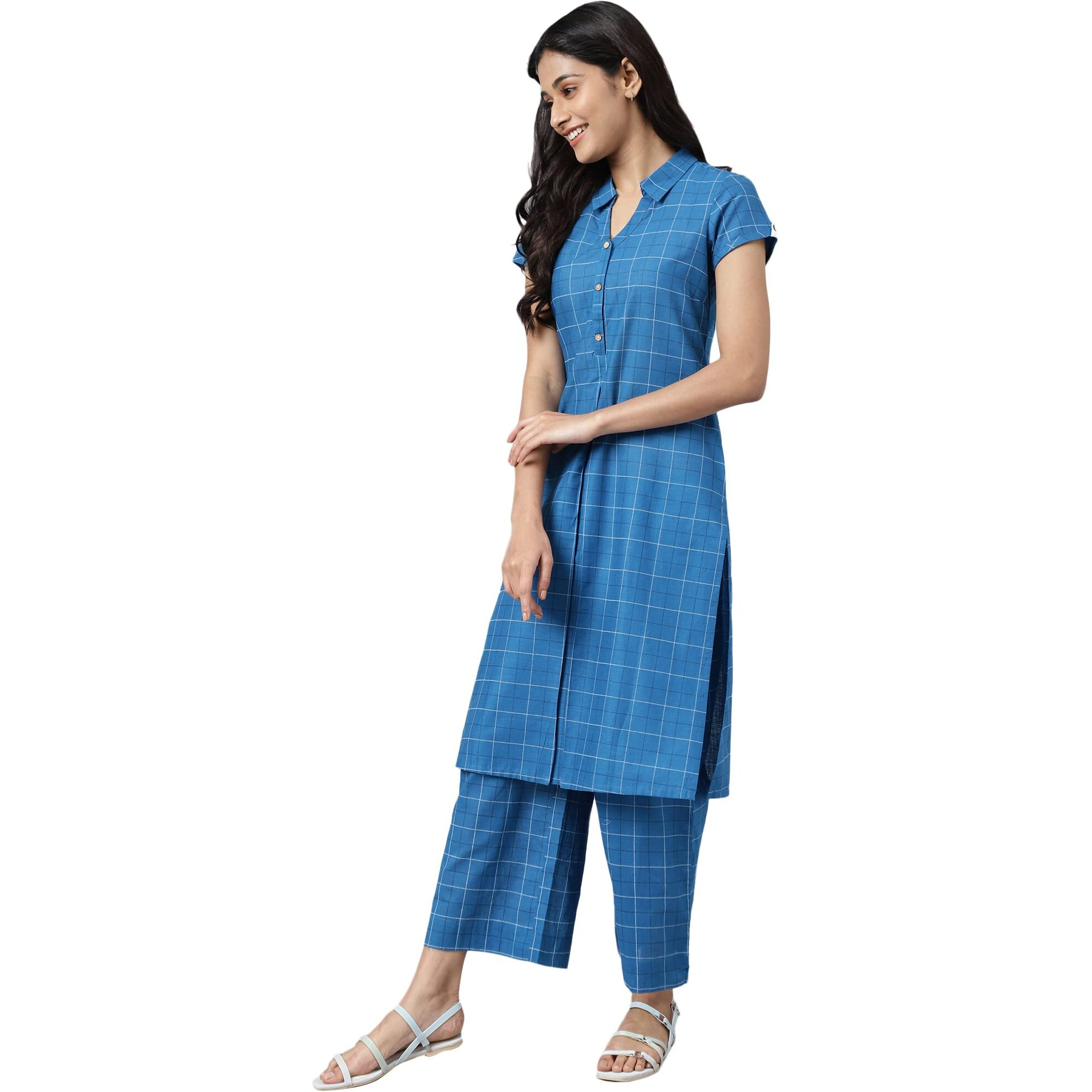 Aurelia Women's Check Regular Blue Cotton Kurta