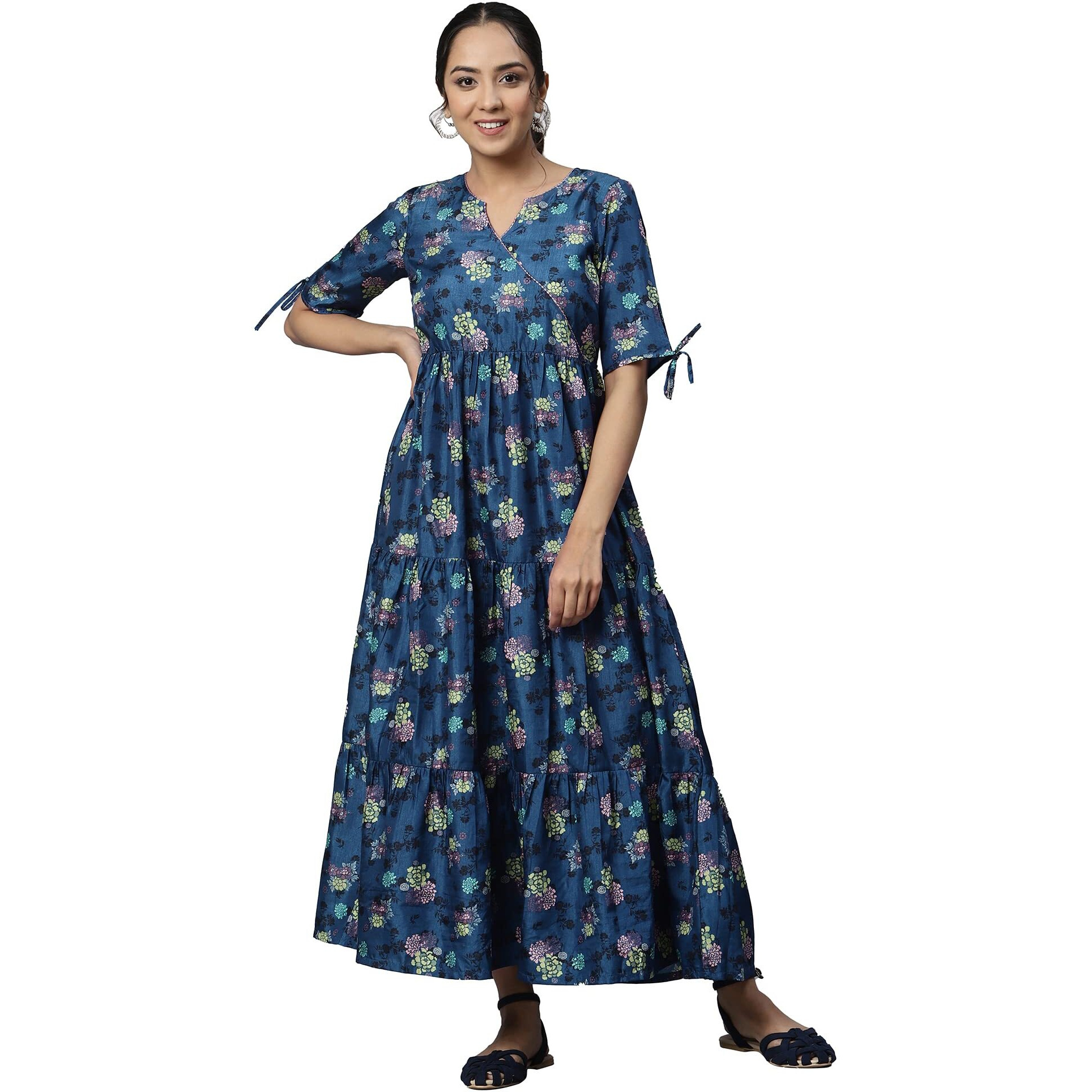 Aurelia Women Dark Blue Kuchai Silk Floral Maxi Printed Dress_22Aua13353-504142_L
