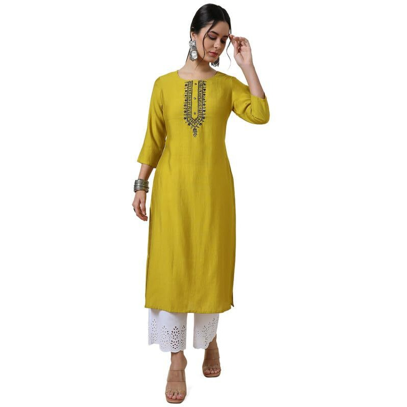 Soch Womens Mustard Yoke Design Viscose Blend Kurta With Cutdana
