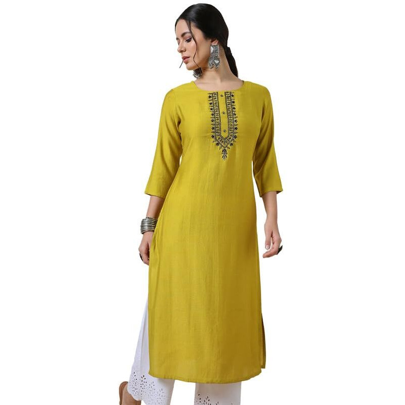 Soch Womens Mustard Yoke Design Viscose Blend Kurta With Cutdana