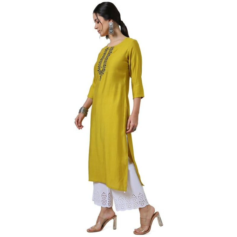 Soch Womens Mustard Yoke Design Viscose Blend Kurta With Cutdana