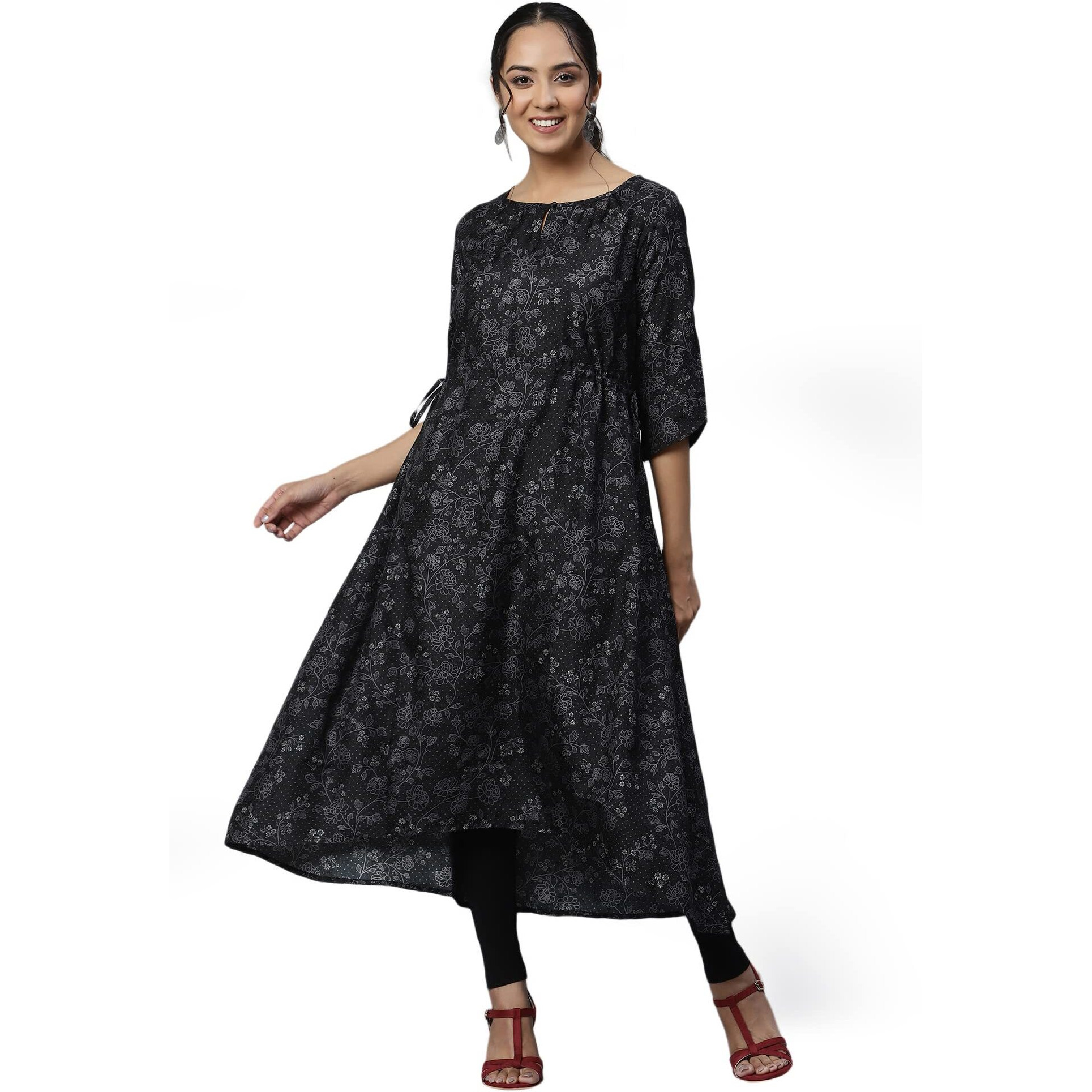 Aurelia Women Black Beauty Kuchai Silk Floral Printed Straight Kurta_22Aua13373-504113_Xxl