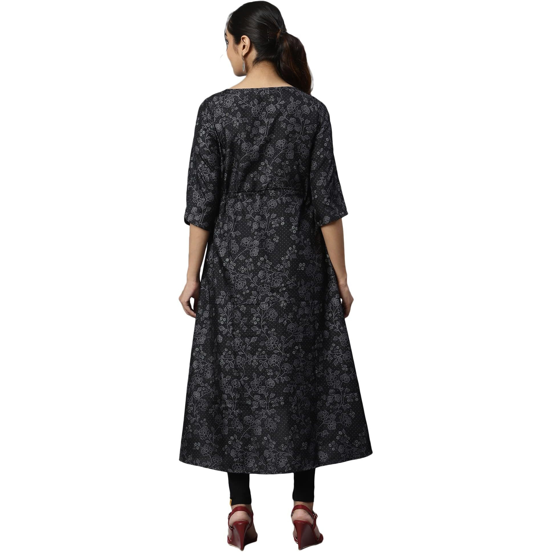 Aurelia Women Black Beauty Kuchai Silk Floral Printed Straight Kurta_22Aua13373-504113_Xxl