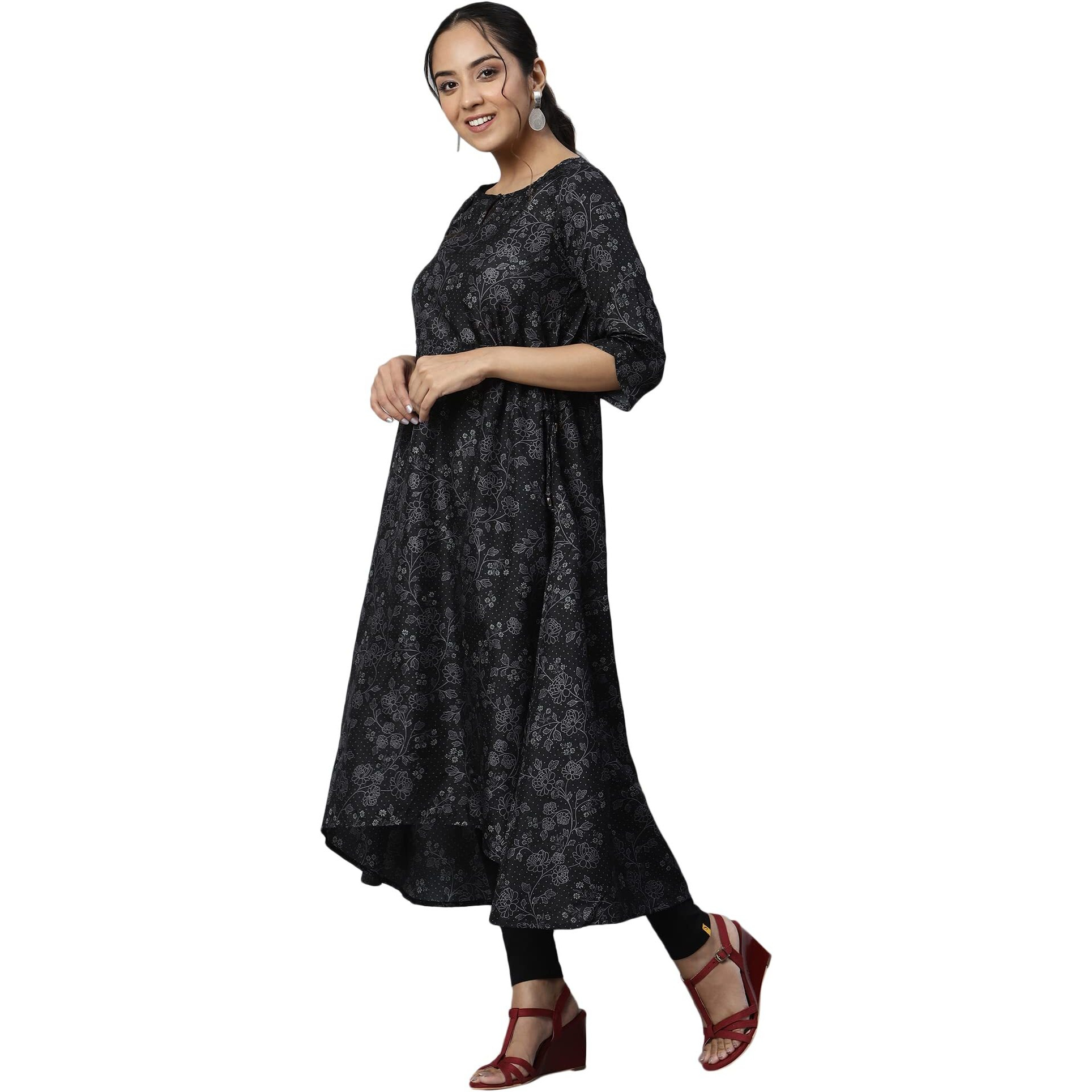 Aurelia Women Black Beauty Kuchai Silk Floral Printed Straight Kurta_22Aua13373-504113_Xxl