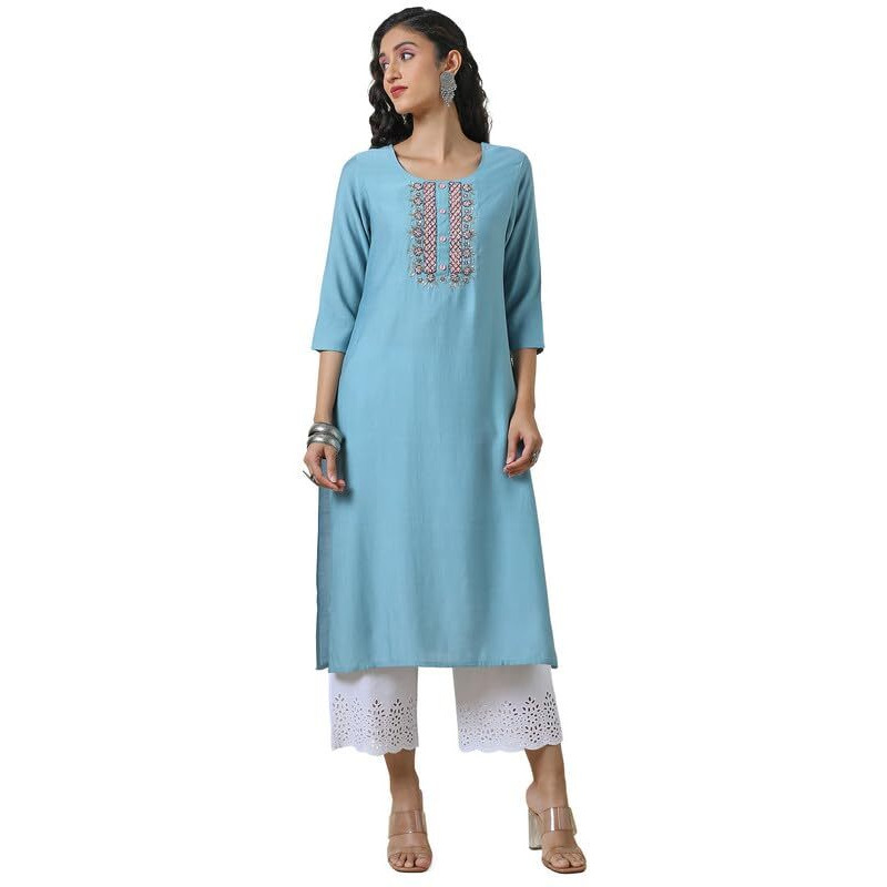 Soch Women's Viscose Blend Regular Kurta (Ewa4Ku60781A_Powder Blue
