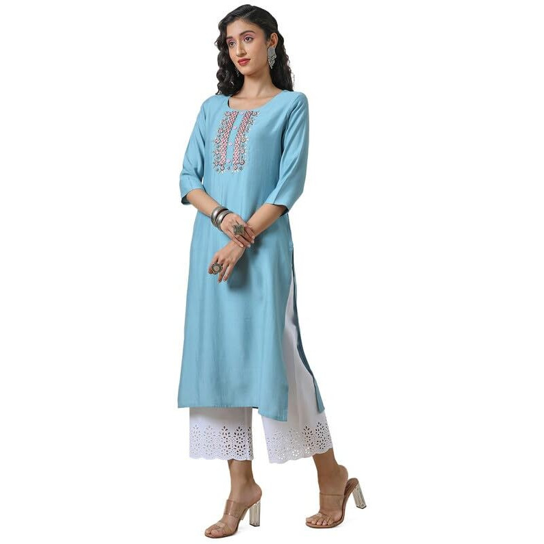 Soch Women's Viscose Blend Regular Kurta (Ewa4Ku60781A_Powder Blue