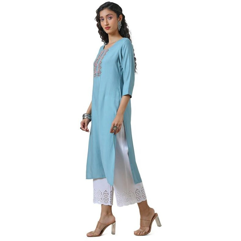 Soch Women's Viscose Blend Regular Kurta (Ewa4Ku60781A_Powder Blue