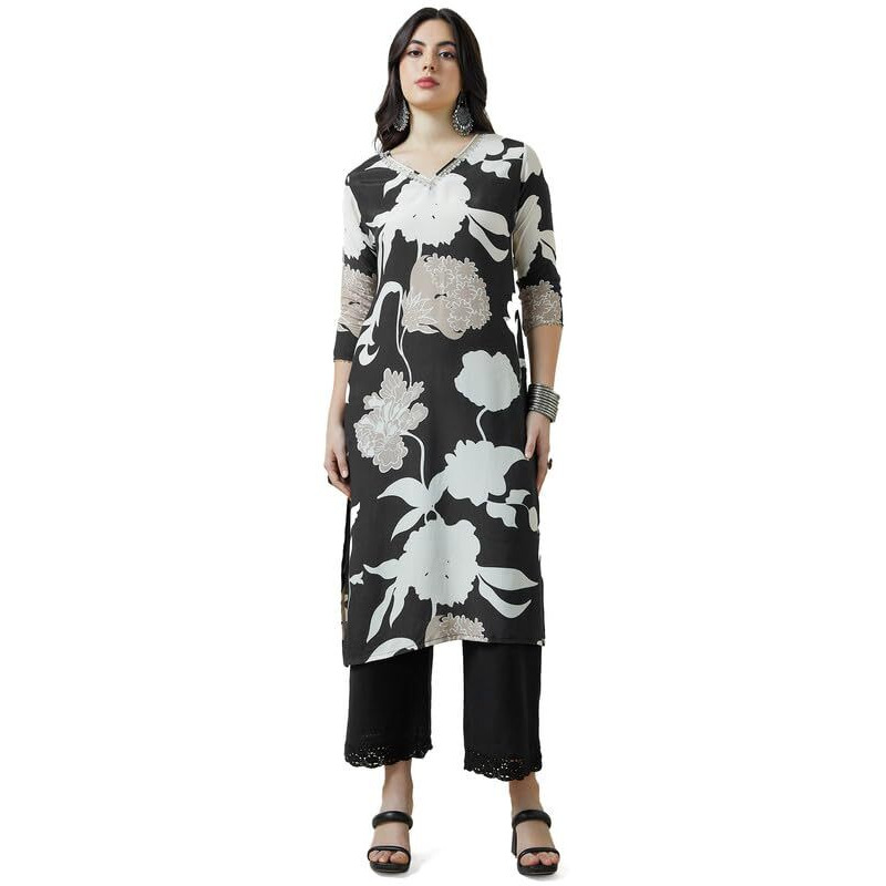 Soch Womens Black Botanical Print Viscose Muslin Kurta With Gotta Patti