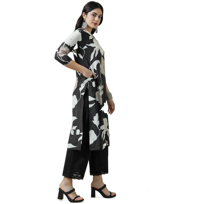 Soch Womens Black Botanical Print Viscose Muslin Kurta With Gotta Patti