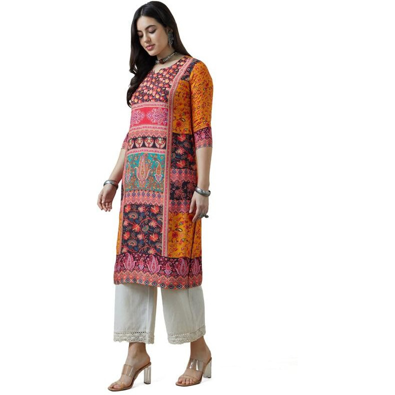 Soch Womens Mustard Viscose Muslin Ethnic Motifs Kurta With Sequins