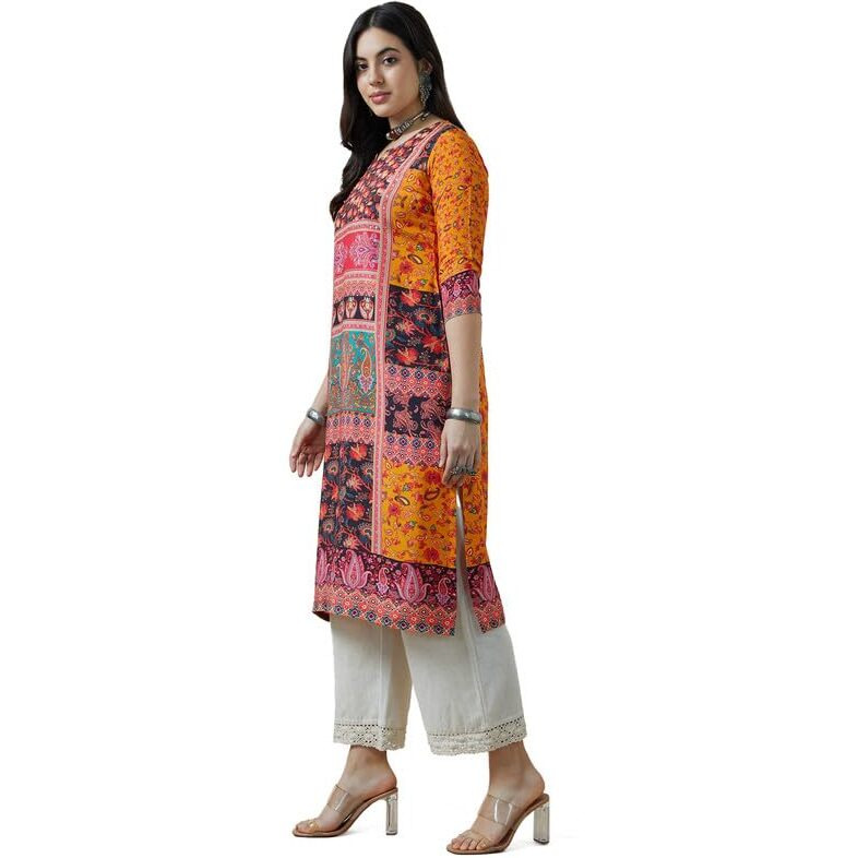 Soch Womens Mustard Viscose Muslin Ethnic Motifs Kurta With Sequins