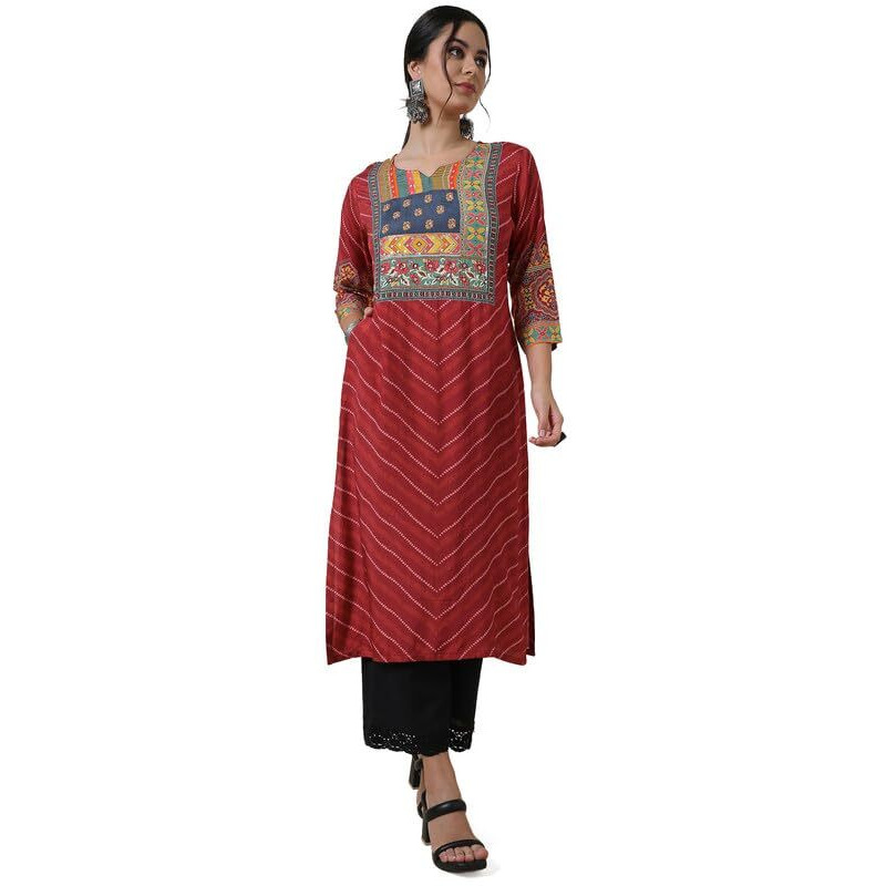 Soch Womens Brick Red Viscose Muslin Bandhani Print Kurta