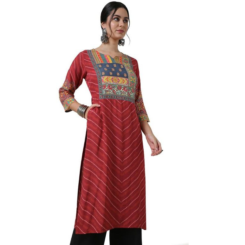 Soch Womens Brick Red Viscose Muslin Bandhani Print Kurta