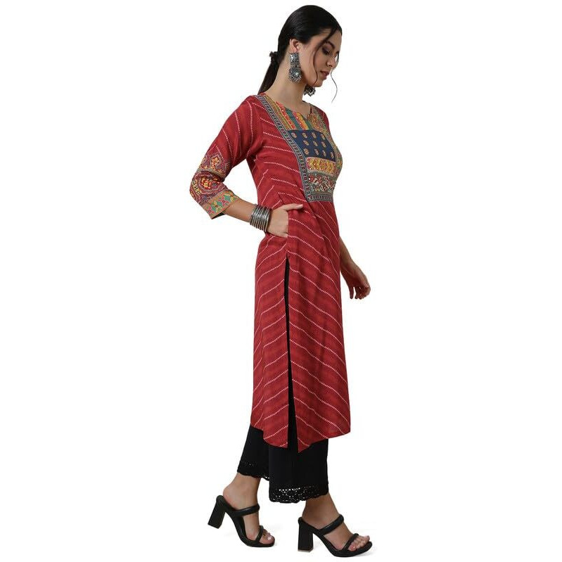 Soch Womens Brick Red Viscose Muslin Bandhani Print Kurta