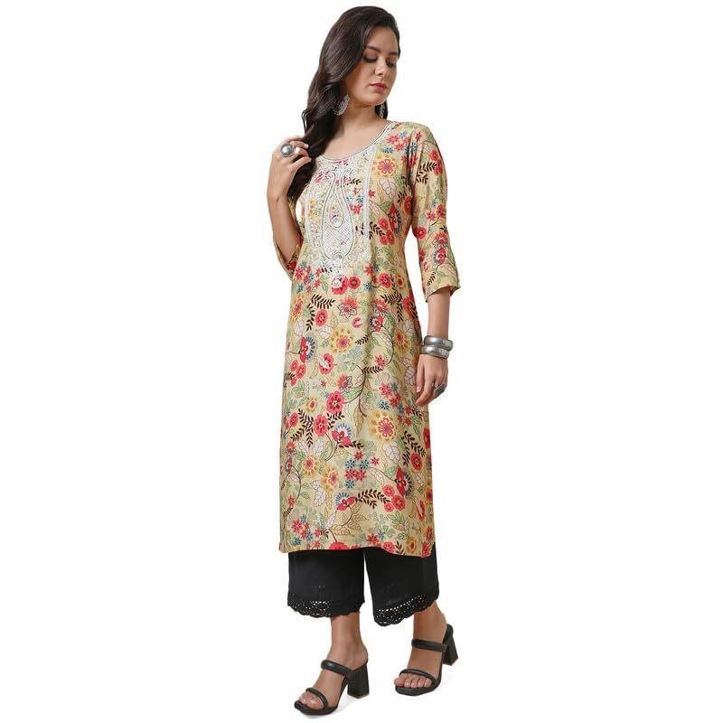 Soch Womens Light Yellow Viscose Muslin Straight Kurta