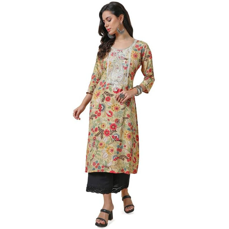 Soch Womens Light Yellow Viscose Muslin Straight Kurta