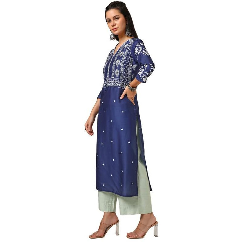 Soch Womens Navy Blue Muslin Blend Kurta With Mirror Work