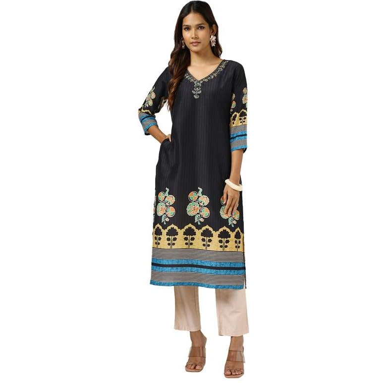Soch Womens Black Muslin Blend Printed Kurta With Cutdana