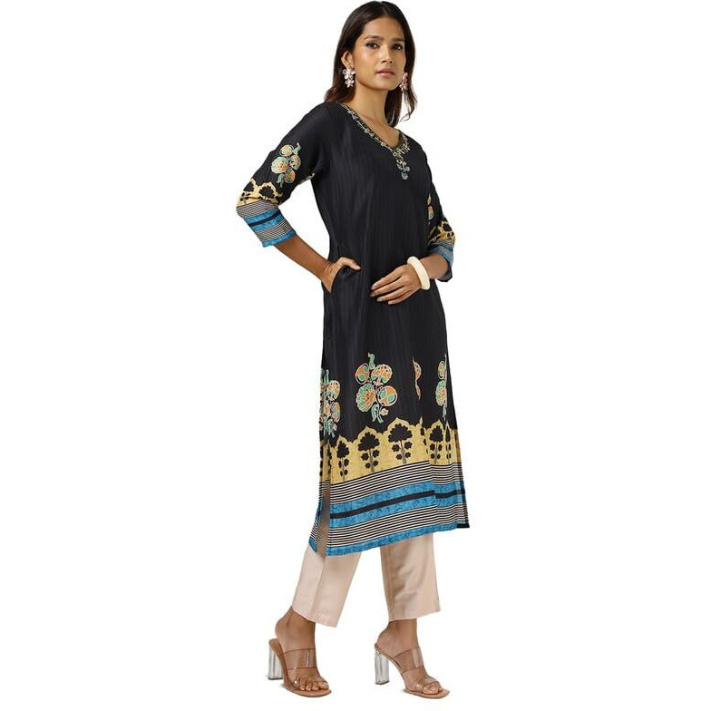 Soch Womens Black Muslin Blend Printed Kurta With Cutdana