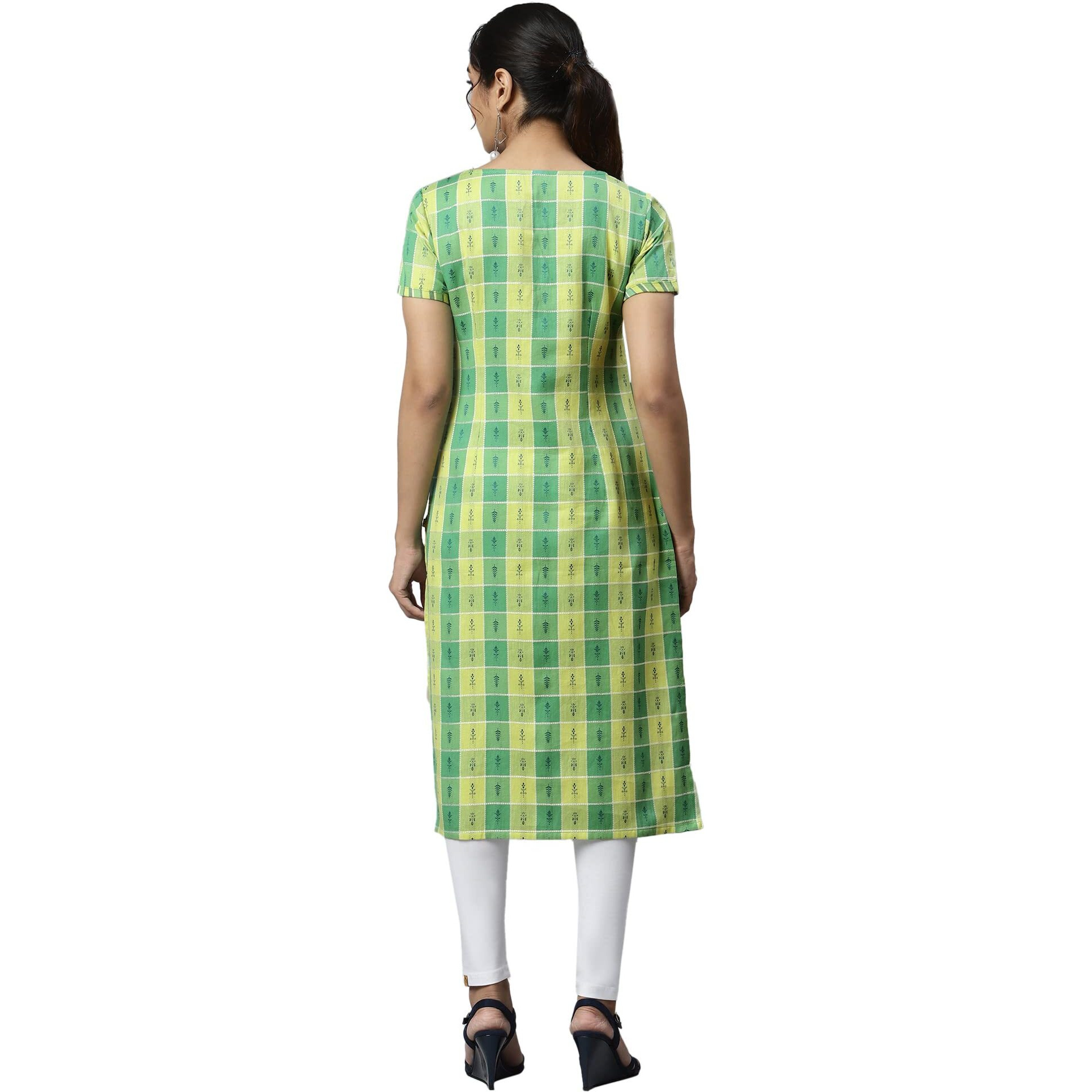 Aurelia Green Geometric Printed Printed Cotton-Rayon Blend Regular Kurta For Women