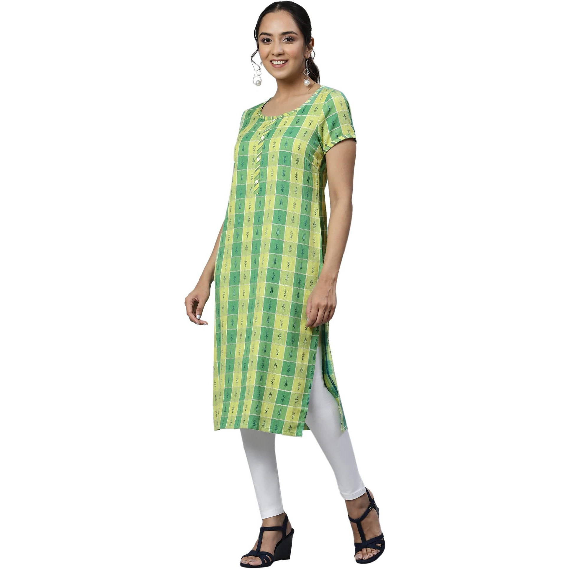 Aurelia Green Geometric Printed Printed Cotton-Rayon Blend Regular Kurta For Women
