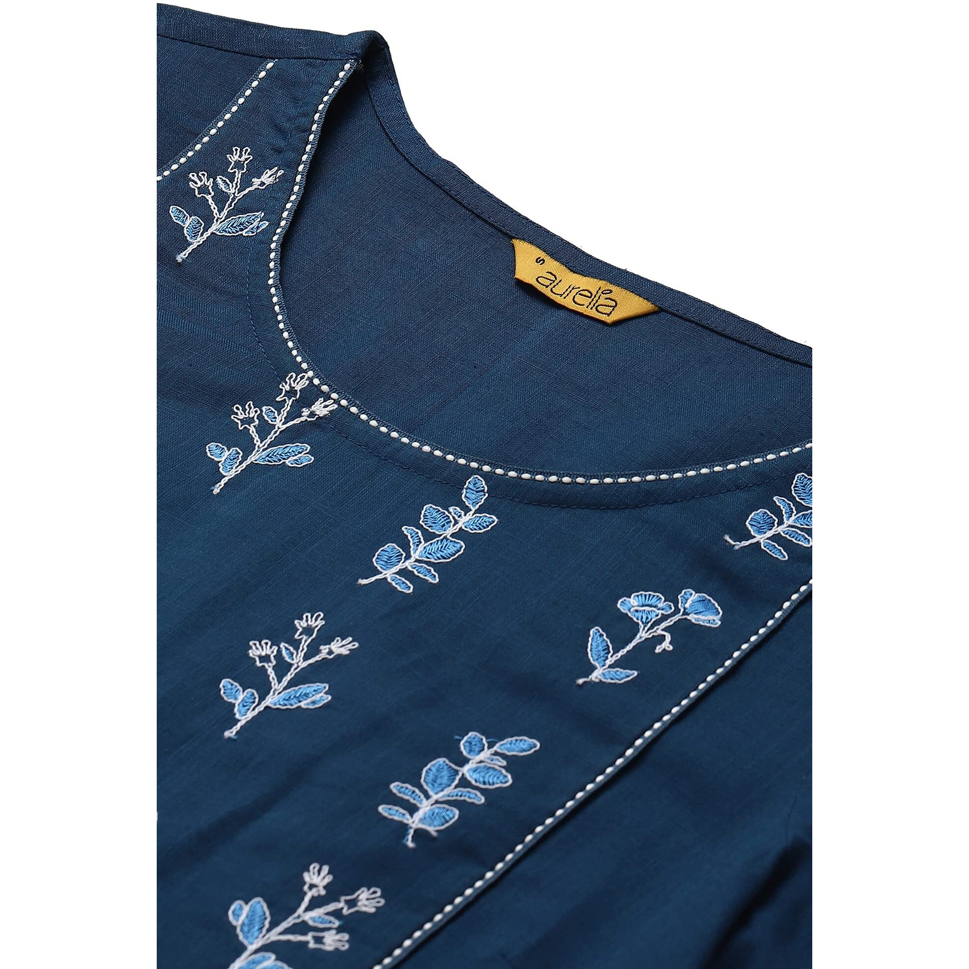 Aurelia Women's Embroidered Regular Blue Cotton Kurta