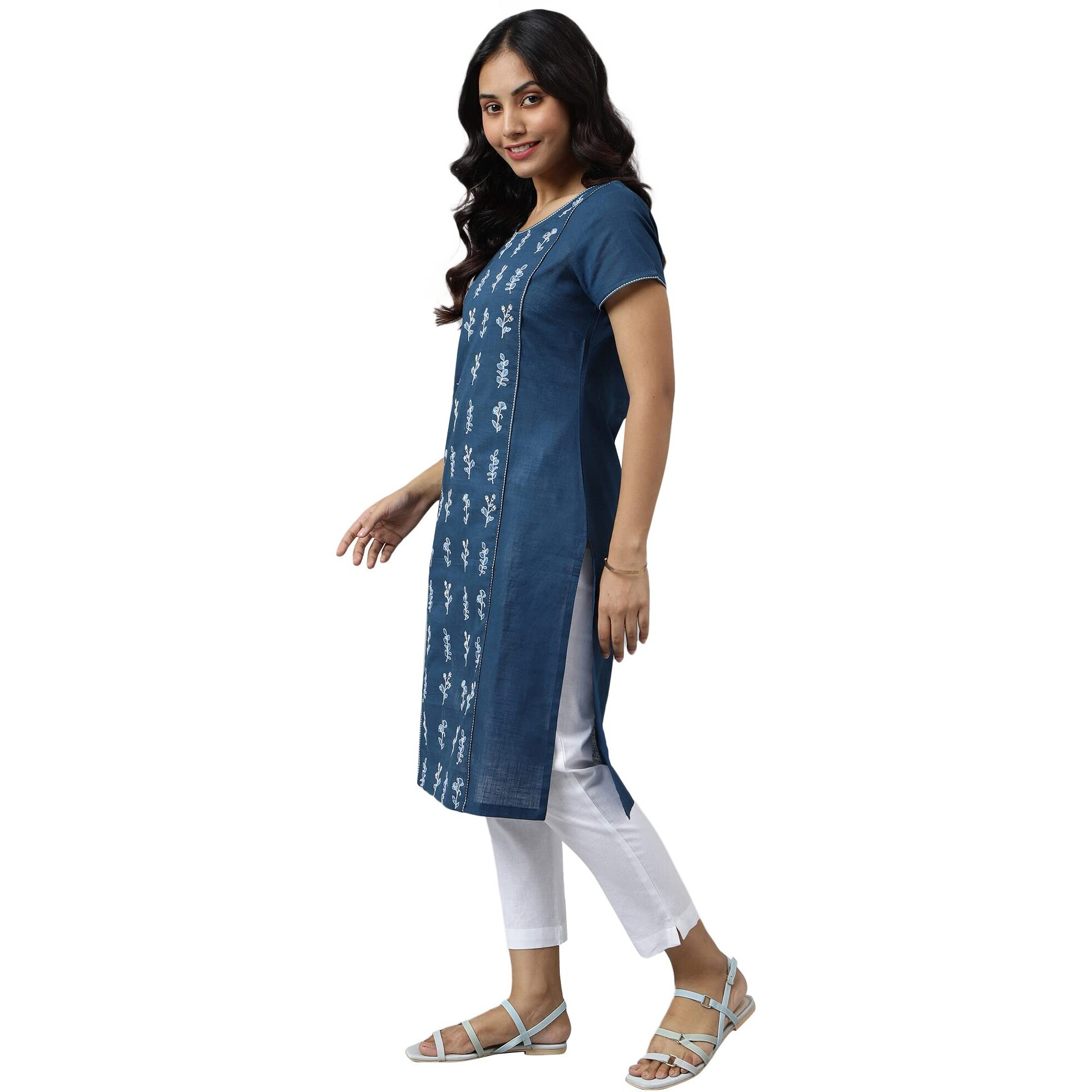Aurelia Women's Embroidered Regular Blue Cotton Kurta