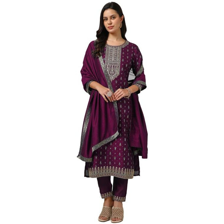 Soch Womens Wine Viscose Blend Foil Print Suit Set With Thread Work