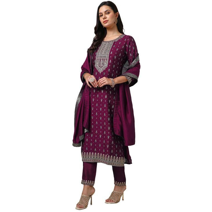 Soch Womens Wine Viscose Blend Foil Print Suit Set With Thread Work