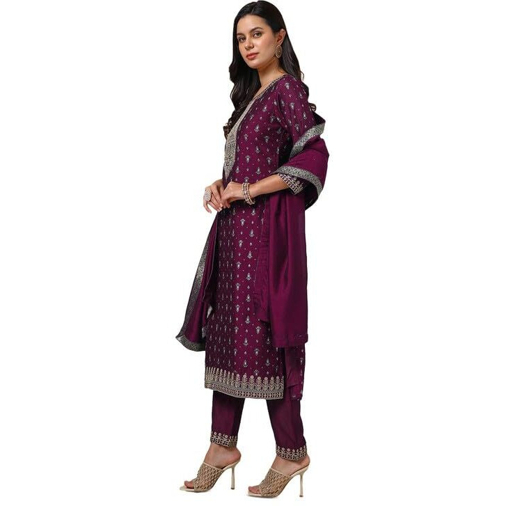 Soch Womens Wine Viscose Blend Foil Print Suit Set With Thread Work