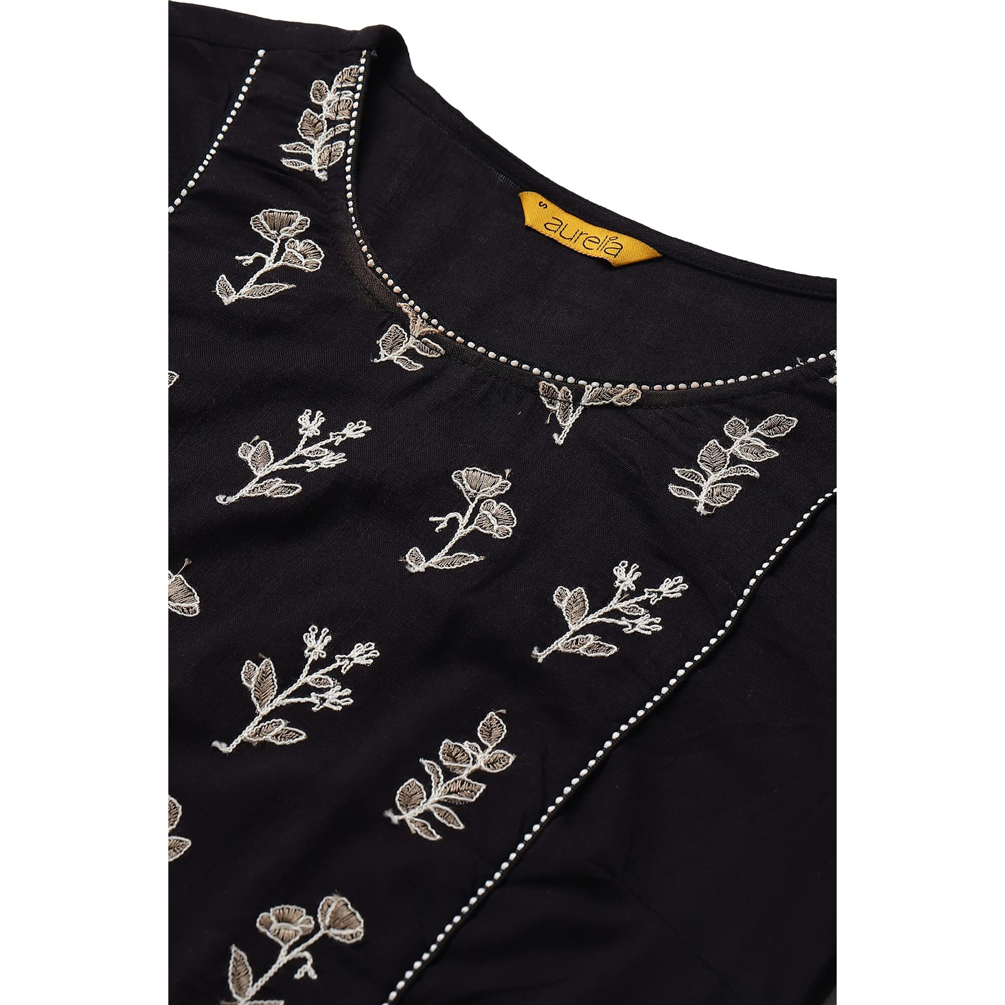 Aurelia Women's Cotton Black Solid Round Neck Straight Kurta_22Aua13344-604577_M