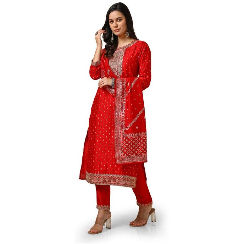 Soch Womens Red Foil Print Suit Set With Thread Work