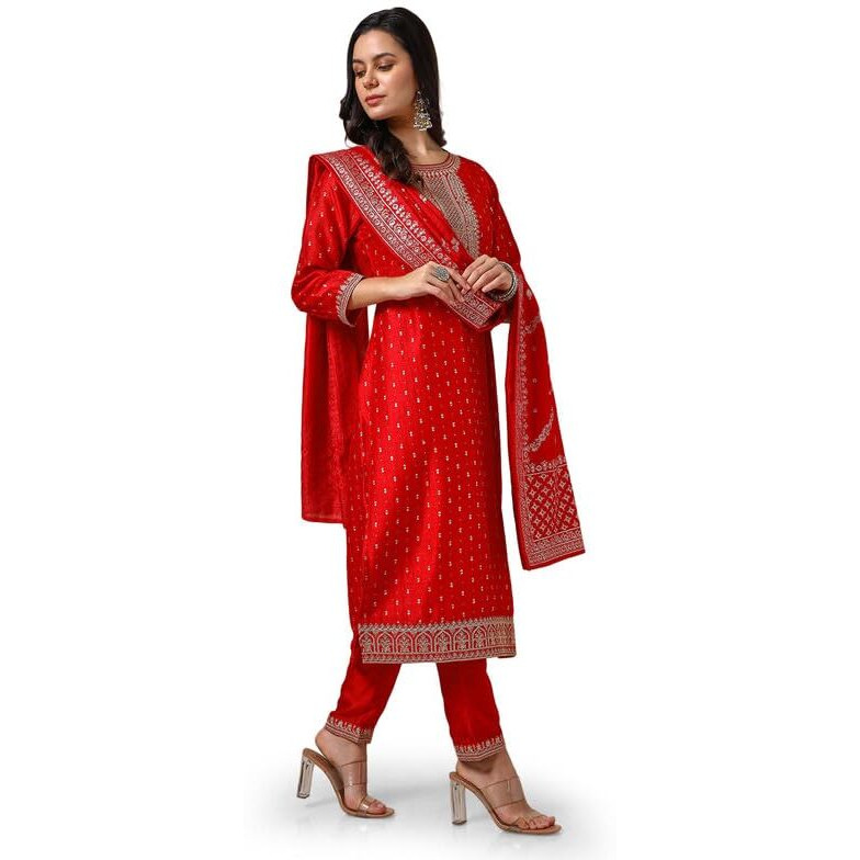 Soch Womens Red Foil Print Suit Set With Thread Work