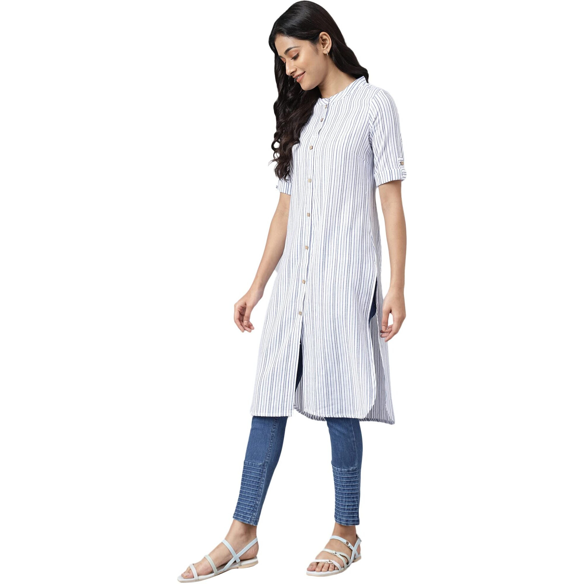 Aurelia Women White Cotton Stripes Printed Straight Kurta_22Aua13355-702450_Xs