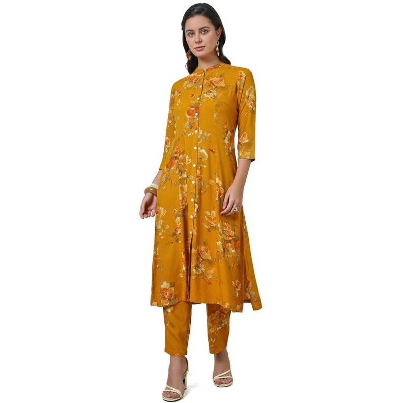 Soch Womens Mustard Rayon Floral Print Princess Cut Co-Ord Set