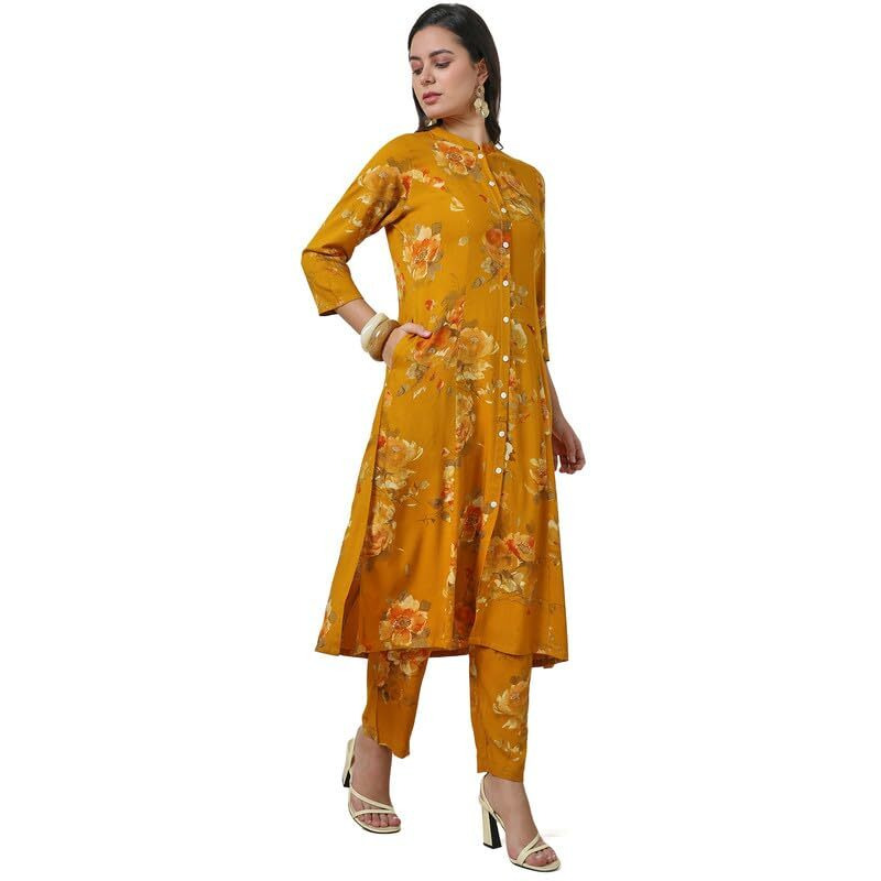 Soch Womens Mustard Rayon Floral Print Princess Cut Co-Ord Set