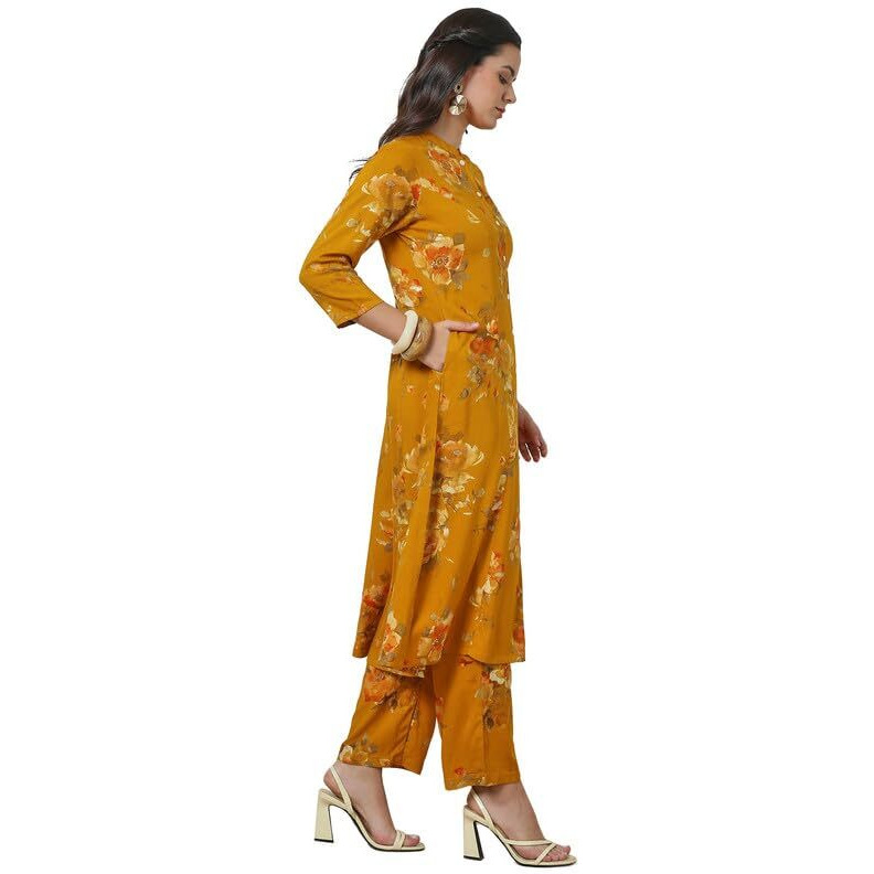 Soch Womens Mustard Rayon Floral Print Princess Cut Co-Ord Set