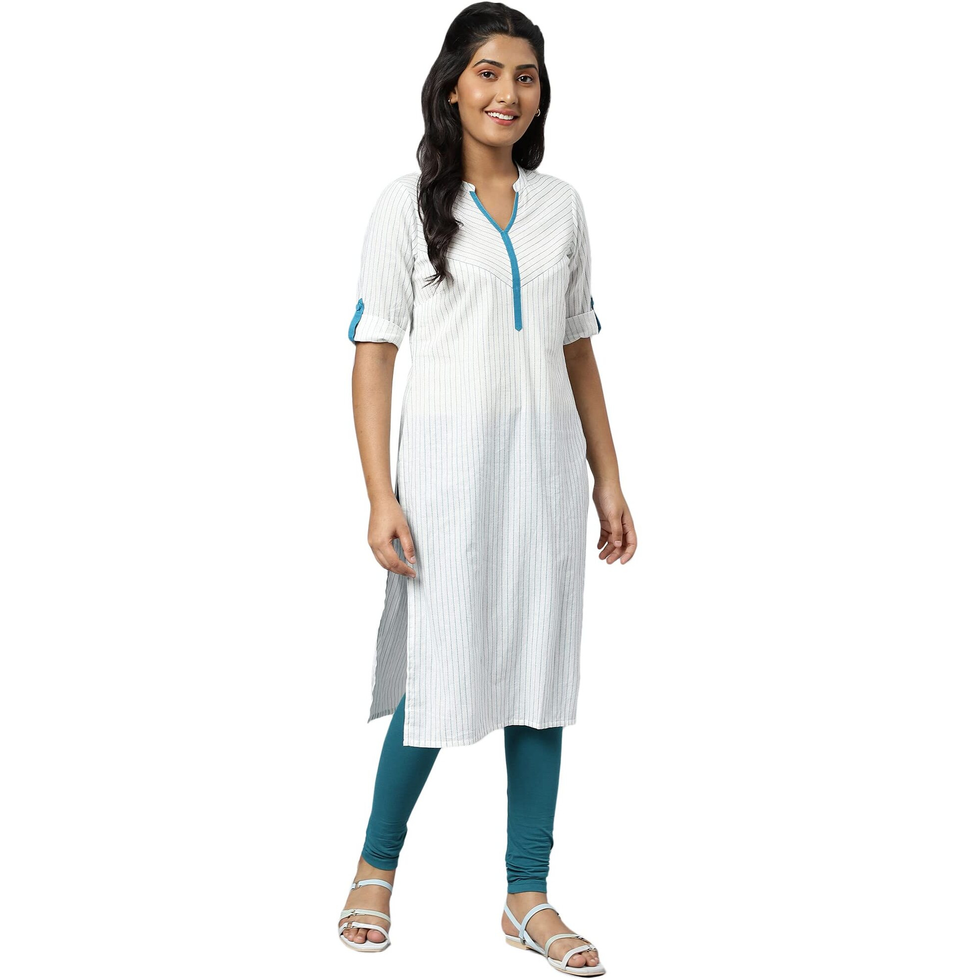 Aurelia White Striped Cotton Regular Kurta For Women