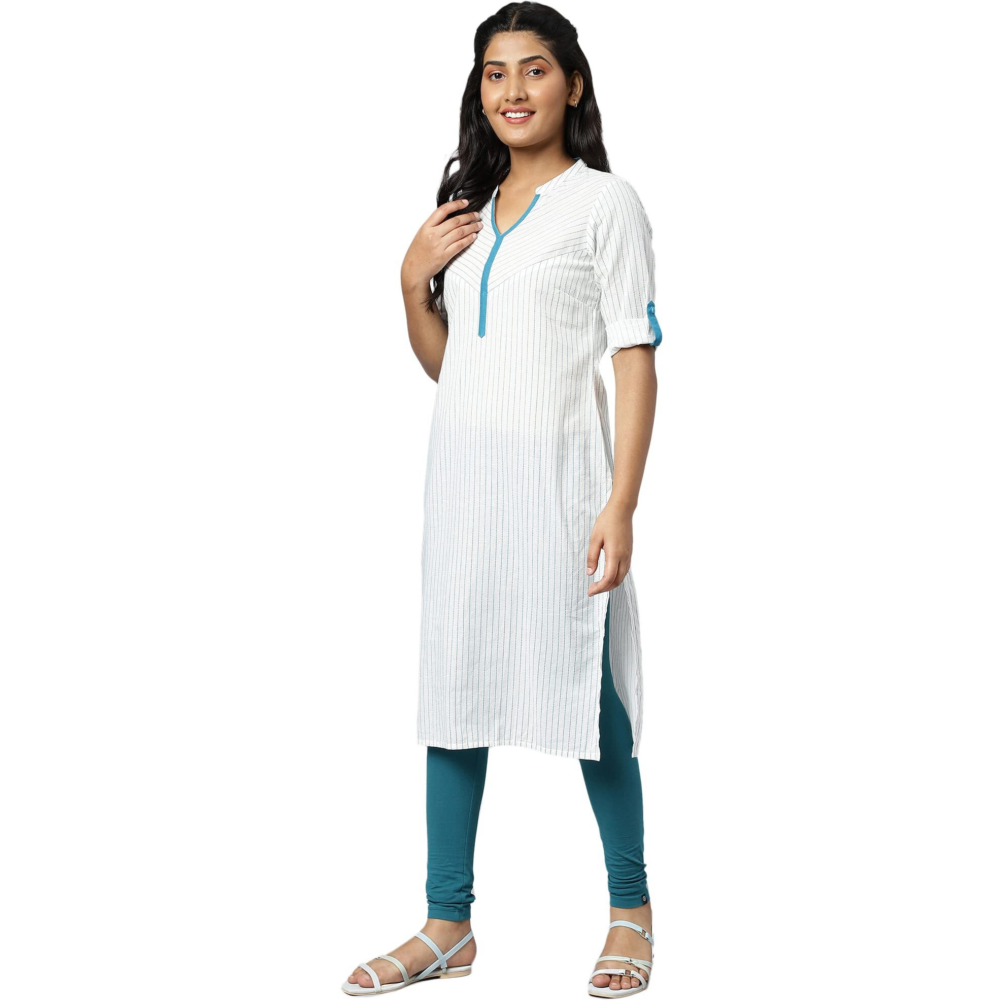 Aurelia White Striped Cotton Regular Kurta For Women
