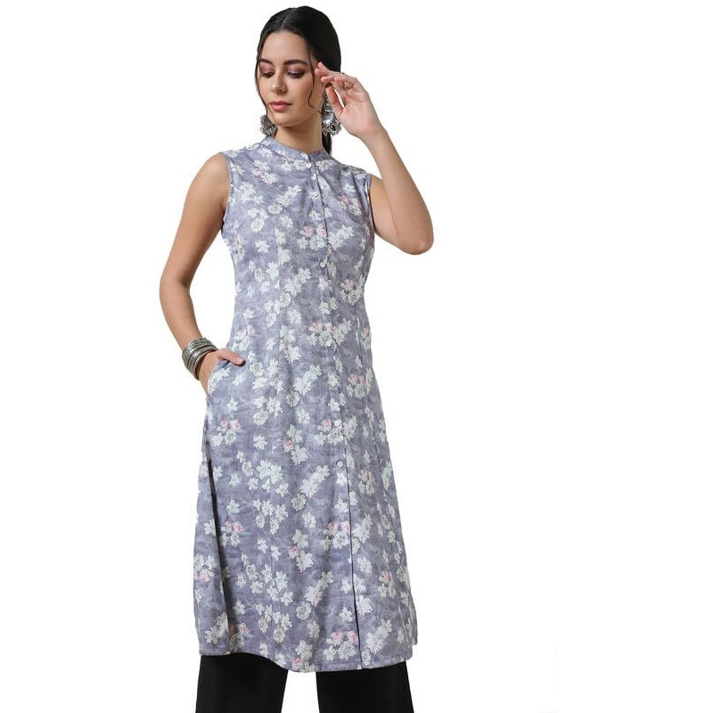 Soch Womens Purple Foil Floral Print Rayon A Line Kurta