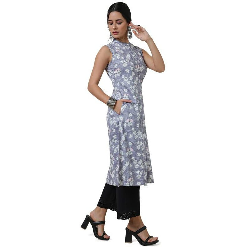Soch Womens Purple Foil Floral Print Rayon A Line Kurta