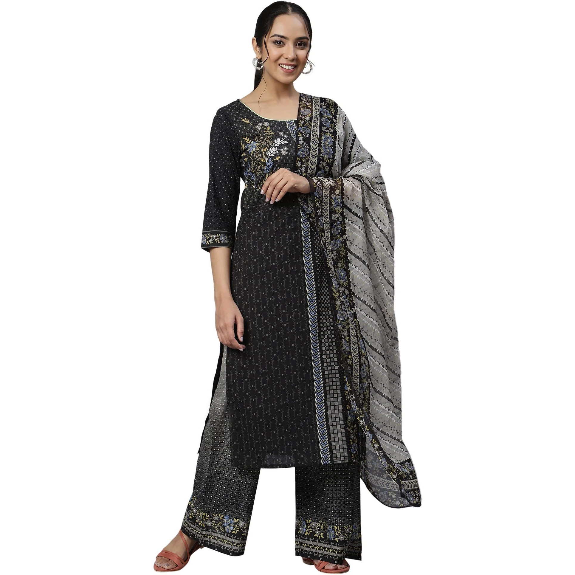 Aurelia Women Cotton Black Printed Kurta Set With Straight Palazzo And Dupatta_22Auas13383-504103_Xs
